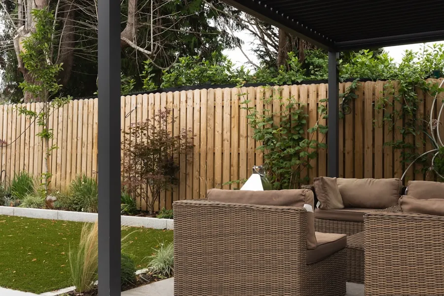 Louvered patio cover shading an outdoor seating area